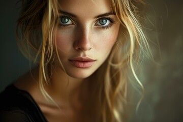 Naklejka premium Close-up portrait of an alluring young woman with captivating blue eyes and flowing blonde hair