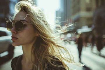 Fashionable young lady walks down the street, her hair blowing in the wind, embodying urban chic