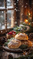 a photo of rustic breads that evoke the feeling of winter, placed on a wooden table with a cozy, warm lighting, winter decorations like pine cones and holly, a soft snowfall visible through a window i