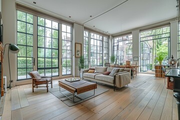 Luxury living room with large windows overlooking the garden. Northwest, USA