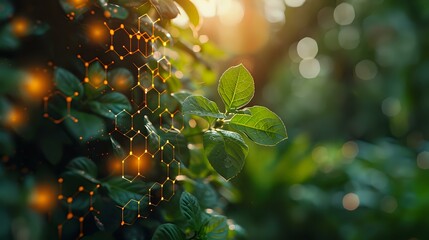Green leaves with glowing molecular structures, representing the fusion of nature and technology, perfect for themes of biotechnology, sustainability, and innovation.