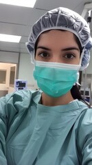 photo of female doctor wearing surgical cap and mask, looking at camera, posted on snapchat, she is in an operating room, she has dark hair, brunette 