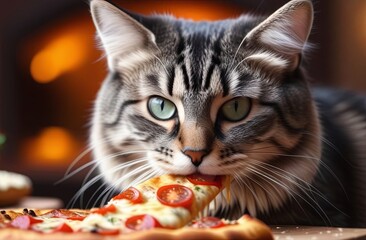 gray cat steals a slice of pizza