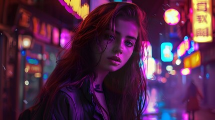 Teen hipster girl standing in neon lights on street, portrait. 