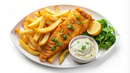 A plate of fish and fries with a side of dipping sauce