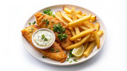 A plate of fish and fries with a side of dipping sauce