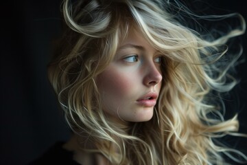 Naklejka premium Portrait of a young woman with wind-blown blond hair, exuding depth and serenity
