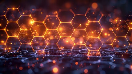 Abstract digital illustration of interconnected glowing hexagons in orange and blue, representing technological innovation and futuristic design.