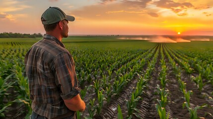 Farmer observing a lush green field at sunset, symbolizing agricultural dedication and the beauty of rural life.