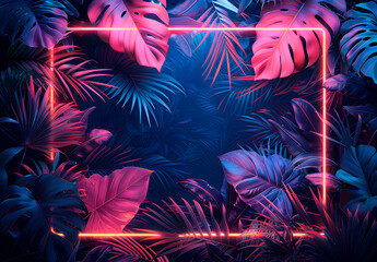 High-resolution illustration of a neon pink and blue frame with tropical leaves. Minimalist 3D game art style with no gradient shading or shapes. Ideal for flyers or posters. Generative Ai.