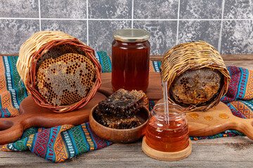 Magical honeycomb close up, Honey harvesting, honey picking. Organic honeycomb (Turkish Karakovan...