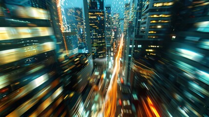 in the city at night, motion blur, city lights, city background, skyscrapers, commercial photography, professional shot, high resolution, hyper realistic, wide angle