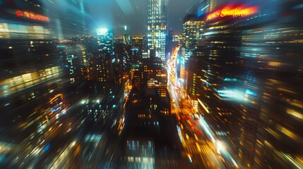 in the city at night, motion blur, city lights, city background, skyscrapers, commercial photography, professional shot, high resolution, hyper realistic, wide angle