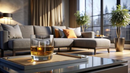 Fototapeta premium A living room with a couch, coffee table, and a potted plant