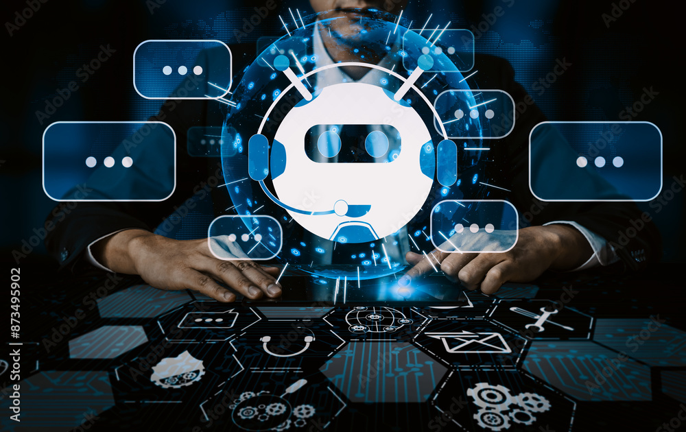 Poster ai chatbot smart digital customer service application concept. computer or mobile device application