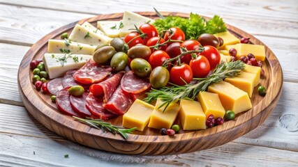 A wooden platter with a variety of meats and vegetables, including tomatoes