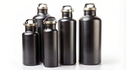 A row of five black water bottles with silver lids