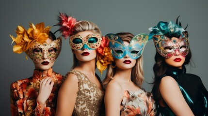 Fototapeta premium Group of people in masquerade carnival mask posing in studio. Beautiful women and men wearing venetian mask. Fashion, party, friends concept