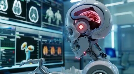 Obraz premium robot with human brain in a laboratory