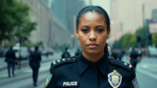 Police officer serious face portrait on city street