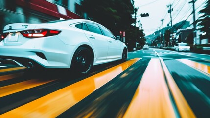 Fototapeta premium side view of in the city, with a white silver gray exterior color matching the minimalist style, captured with high-speed photography against an urban background, using a wide-angle lens with a blurry