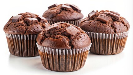 Four chocolate muffins with chocolate chips on top
