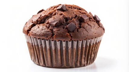 Four chocolate muffins with chocolate chips on top