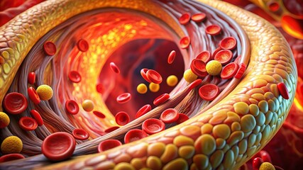 A close up of red and yellow blood cells in a vein