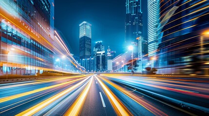 Fototapeta premium side view of road,in the city at night, motion blur, city lights, city background, skyscrapers, commercial photography, professional shot, high resolution, hyper realistic, wide angle
