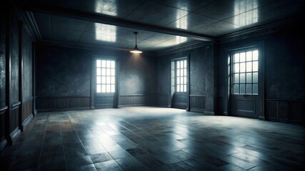 A dark room with a light shining through a window