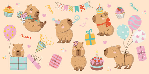  Festive vector set in funky hand-drawn style of clipart featuring cute capybaras with balloons, cake and gifts at birthday party. Great for cards, invitations, holiday designs.Happy Birthday concept.