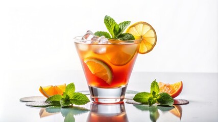 Fototapeta premium A glass of orange juice with a slice of lime and a sprig of mint