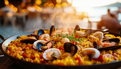 Traditional Spanish seafood paella, blurry background.
