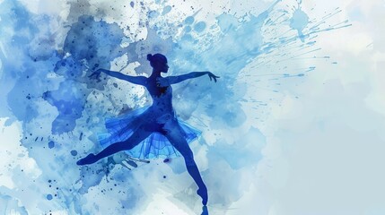 Ballerina silhouette watercolor art. Stunning blue watercolor painting of a ballerina silhouette in mid-leap. Perfect for dance lovers and art enthusiasts.