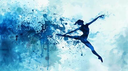 Obraz premium Blue watercolor dancer silhouette. Stunning blue watercolor background with a dancer silhouette, perfect for artistic inspiration and creative projects. Download this high-quality image today.