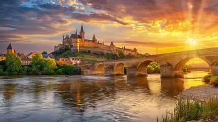 Sunset over castle and bridge in france. Stunning sunset over a medieval castle and bridge in France.  The golden hour lights up the scene, creating a breathtaking panorama.