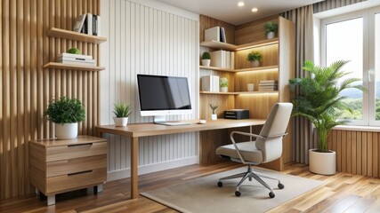 A modern office with a wooden desk and chair, a computer monitor