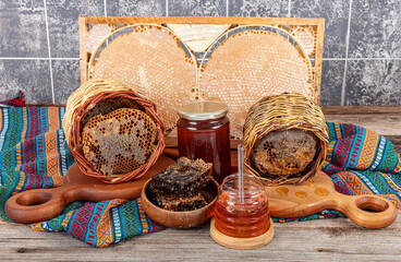 Magical honeycomb close up, Honey harvesting, honey picking. Organic honeycomb (Turkish Karakovan...
