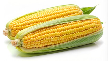 Two yellow corn cobs with green leaves