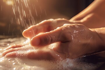 Fototapeta premium A close-up shot of hands washing with soapy water, illuminated by warm, golden sunlight
