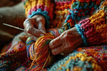 Close-up view of wrinkled hands delicately working with colorful yarn, creating a beautiful tapestry