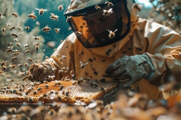A beekeeper works with a honeycomb, surrounded by a flurry of bees, in a sunny bee yard