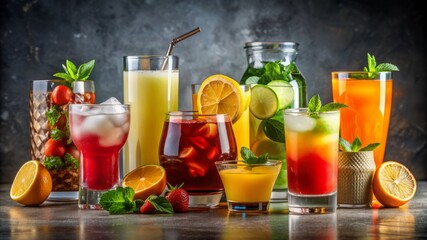 Fototapeta premium A table full of various drinks including orange juice, lemonade, and iced tea