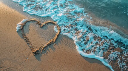 Heart drawn in sand on beach. Discover the beauty of a heart drawn in the sand on a pristine beach, with gentle waves lapping at the shore.