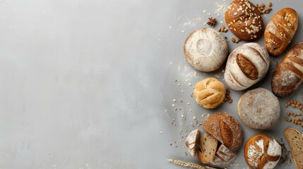 Obraz premium assorted freshly baked artisanal bread on light background with copy space