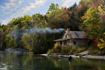 Obraz premium A cozy cabin nestled amongst colorful autumn foliage, with smoke rising from the chimney and a small boat moored at the lakeshore