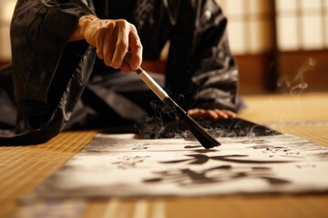 Fototapeta premium A calligrapher gracefully strokes a brush across rice paper, creating elegant characters in black ink. The smoke from the ink trails across the paper, adding to the artistic ambiance