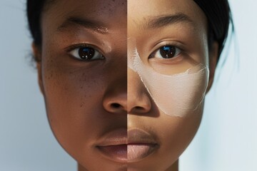 A young woman's face is split in half, showcasing the difference between natural skin and a side covered in a white mask