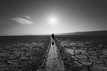 A lone figure walks along a cracked earth path towards a bright sun in the sky