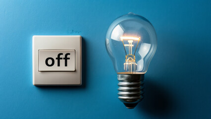 Light bulb next to a switch labeled "off" against a blue background
